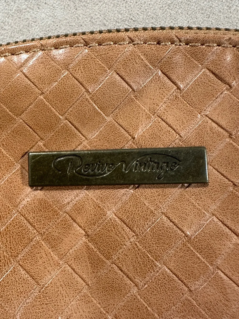 Revive Vintage Woven Vegan Leather Travel Pouch / Makeup Bag in Cognac Brown